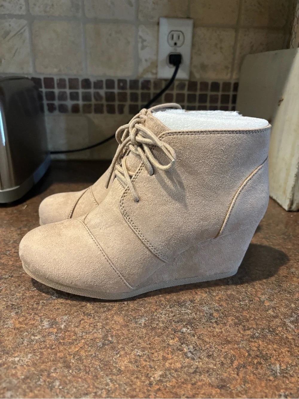 Lace-Up Suede Wedge Ankle Boots in Light Taupe